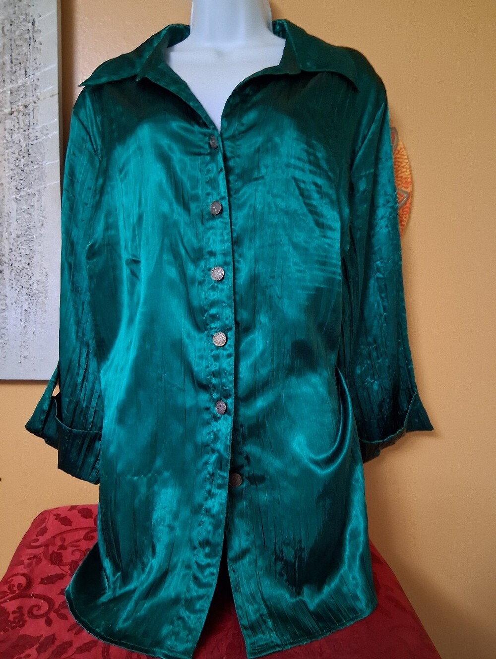Emerald Satin Button-Up Jacket